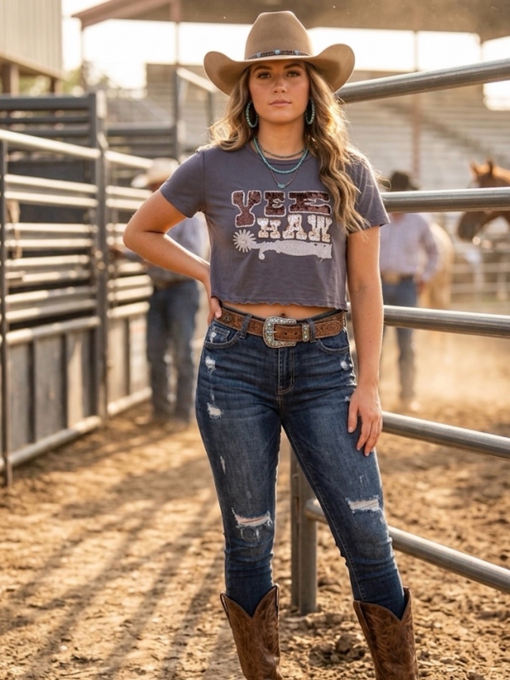 Two2Fly Gray‎ 'YEE HAW' Sequin Crop Tee sz M rayon/spandx western rodeo gypsy